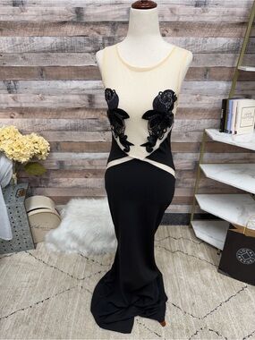 Symphony Black Evening Gown With Mesh Top and Lace